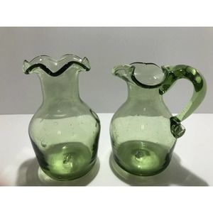 Art Glass Blown Green Small Vintage Creamer With Applied Handled & Ruffled Vase